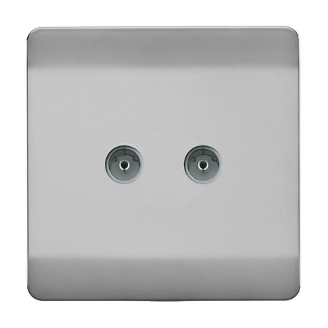 Square 2 gang TV aerial outlet in brushed steel with two side-by-side coaxial ports on a screwless flat plate, shown on a plain white background.