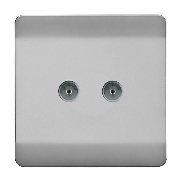 Square 2 gang TV aerial outlet in brushed steel with two side-by-side coaxial ports on a screwless flat plate, shown on a plain white background.