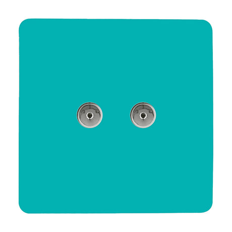 Square screwless 2 gang TV aerial outlet in bright teal with two chrome coaxial ports, 88mm plate on a plain white background.