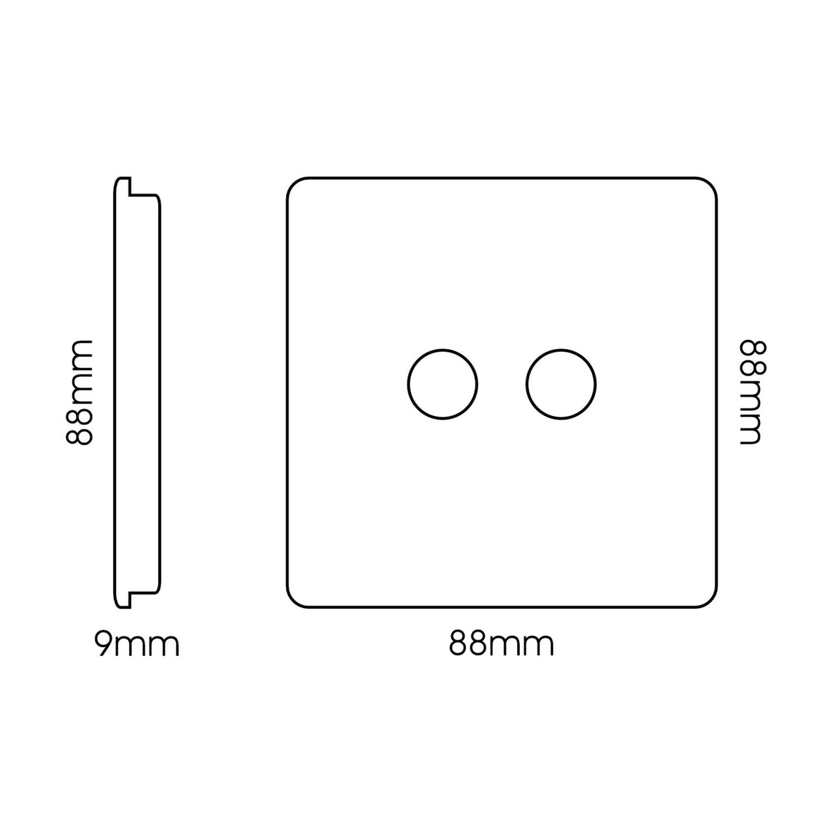 Front and side line drawings of a 2 gang TV aerial socket in carbon fibre, showing a square 88 x 88mm screwless plate with two round coaxial ports and a 9mm side depth, on a white background.