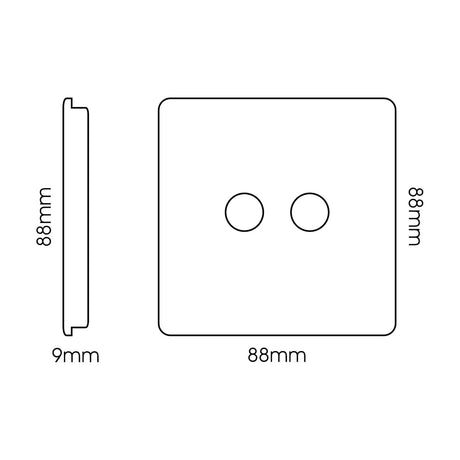 Front and side line drawings of a 2 gang TV aerial socket in carbon fibre, showing a square 88 x 88mm screwless plate with two round coaxial ports and a 9mm side depth, on a white background.