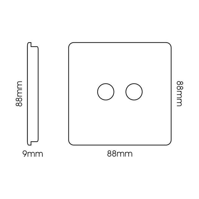Front and side line drawings of a 2 gang TV aerial socket in carbon fibre, showing a square 88 x 88mm screwless plate with two round coaxial ports and a 9mm side depth, on a white background.