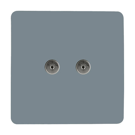 2 Gang TV Aerial Outlet in cool grey with a flat screwless plate and two coaxial connectors in chrome, shown on a plain white background.