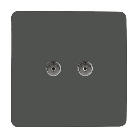 Square screwless flat plate 2 gang TV aerial outlet in charcoal, with two coaxial connector ports, shown on a plain white background.