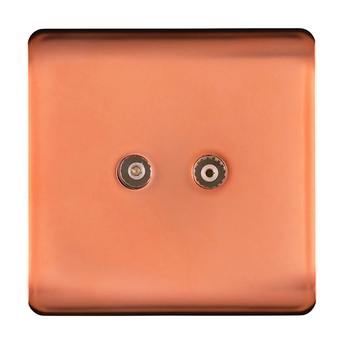 Square copper 2 gang TV aerial outlet with two coaxial connectors on a screwless metal plate, shown against a plain white background.