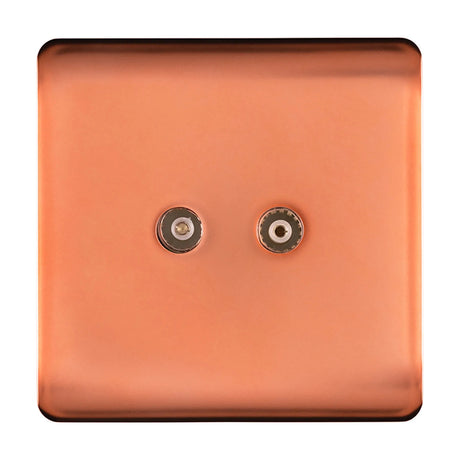 Square copper 2 gang TV aerial outlet with two coaxial connectors on a screwless metal plate, shown against a plain white background.