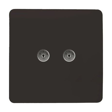 2 Gang TV Aerial Outlet in dark brown, screwless flat square plate with two coaxial connectors, shown on a plain white background.