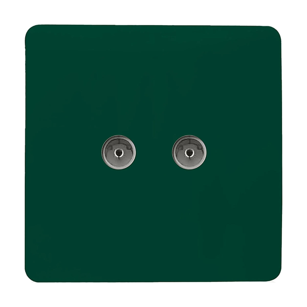 2 Gang TV Aerial Outlet in dark green, square screwless plate with two coaxial connections in a metal finish, shown on a plain white background.