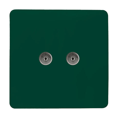 2 Gang TV Aerial Outlet in dark green, square screwless plate with two coaxial connections in a metal finish, shown on a plain white background.