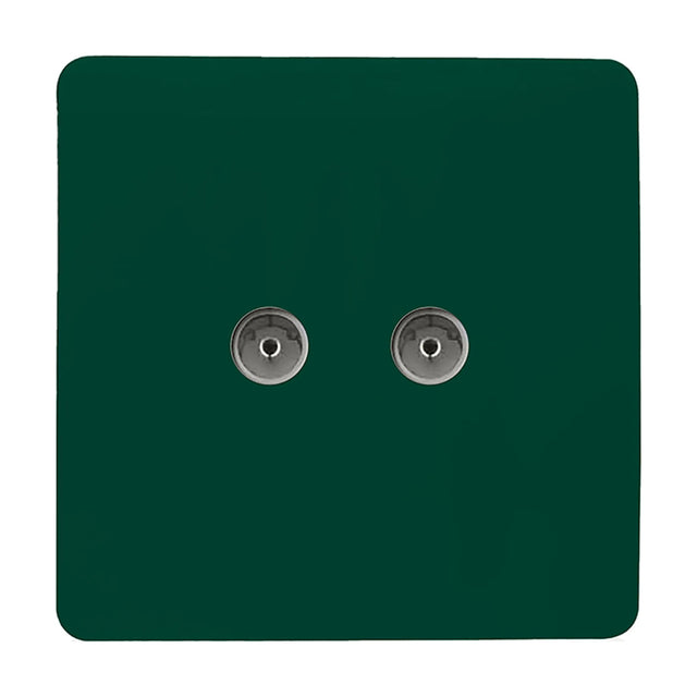 2 Gang TV Aerial Outlet in dark green, square screwless plate with two coaxial connections in a metal finish, shown on a plain white background.