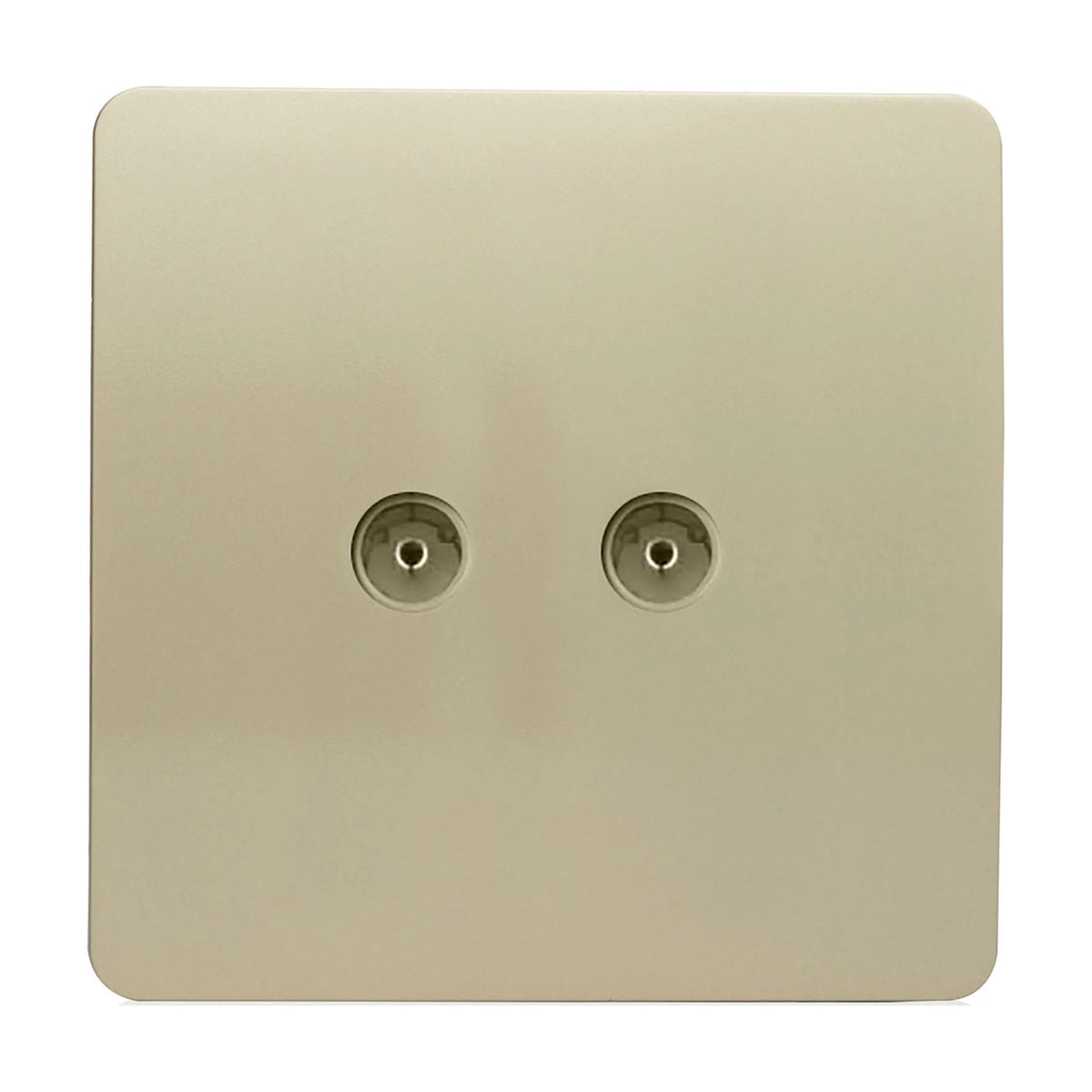 2 Gang TV Aerial Socket in champagne gold, flat screwless square plate with two coaxial ports side by side, shown on a plain white background.