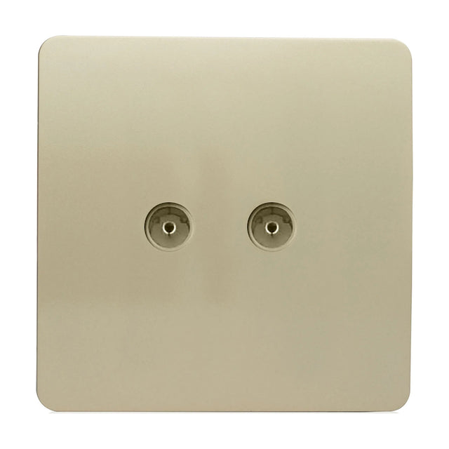 2 Gang TV Aerial Socket in champagne gold, flat screwless square plate with two coaxial ports side by side, shown on a plain white background.