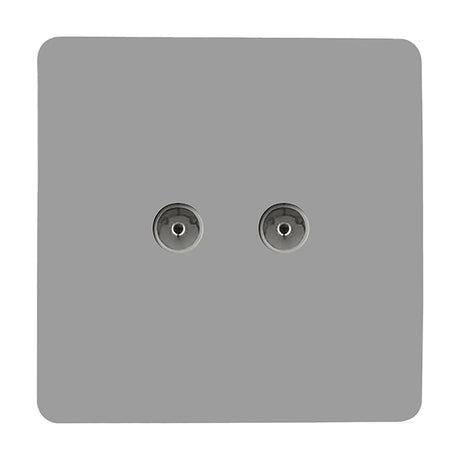 Square light grey 2 gang TV aerial outlet with screwless plate and two coaxial ports, shown on a plain white background.