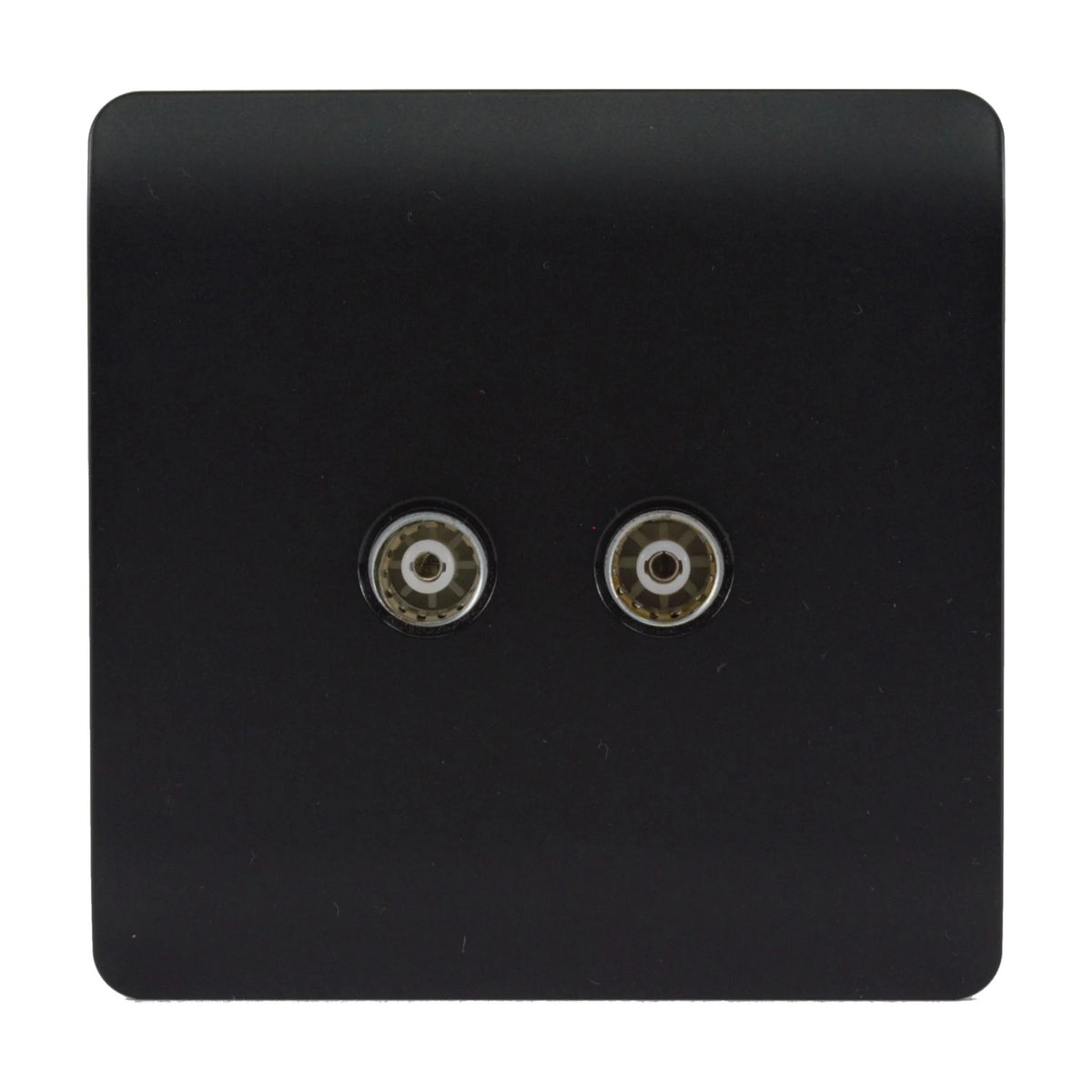 Screwless 2 gang TV aerial socket in matt black, square plate with two side-by-side coaxial connectors, shown on a plain white background.
