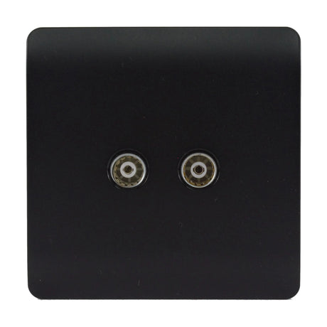 Screwless 2 gang TV aerial socket in matt black, square plate with two side-by-side coaxial connectors, shown on a plain white background.