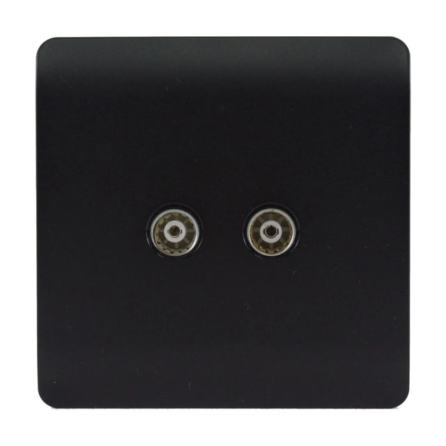 Screwless 2 gang TV aerial socket in matt black, square plate with two side-by-side coaxial connectors, shown on a plain white background.