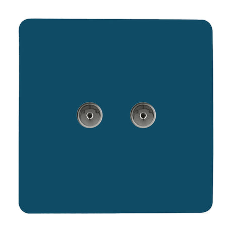 2 Gang TV Aerial Outlet in Midnight Blue, square screwless plate with two coaxial connectors, metal and polycarbonate finish, on a plain white background.