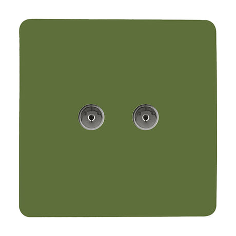 2 Gang TV Aerial Outlet in Moss Green with a screwless square plate and two coaxial connection points, shown on a plain white background.