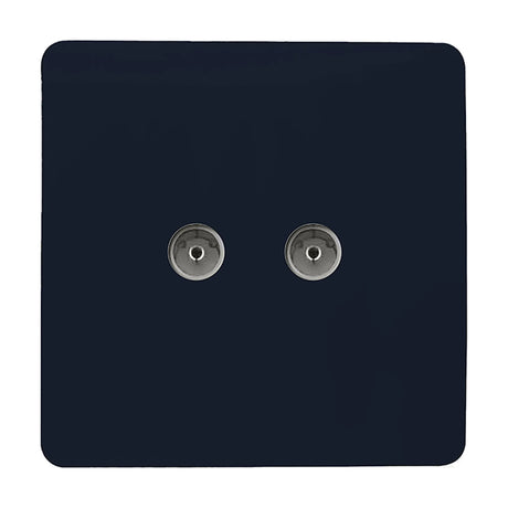 2 Gang TV Aerial Outlet in navy blue with a screwless square plate and two coaxial connectors, shown on a plain white background.