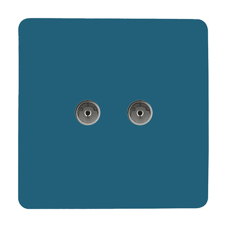 2 Gang TV Aerial Outlet in Ocean Blue with a screwless square plate and two chrome coaxial connectors, shown on a plain white background.