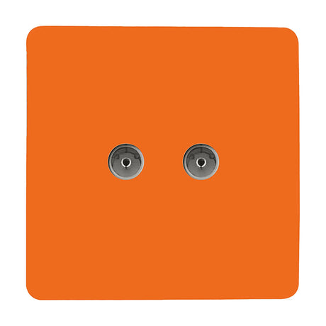 Square screwless 2 gang TV aerial outlet in orange, with two round coaxial ports, on a plain white background.