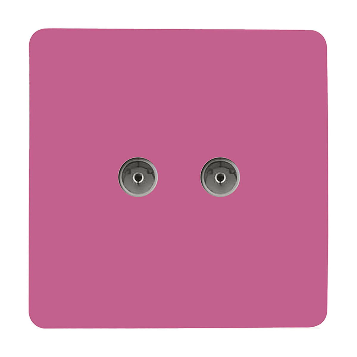 Pink screwless 2 gang TV aerial outlet with two round coaxial connectors on a flat square plate, shown on a plain white background.