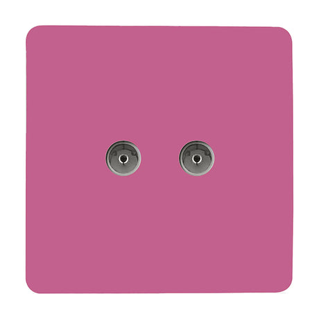 Pink screwless 2 gang TV aerial outlet with two round coaxial connectors on a flat square plate, shown on a plain white background.