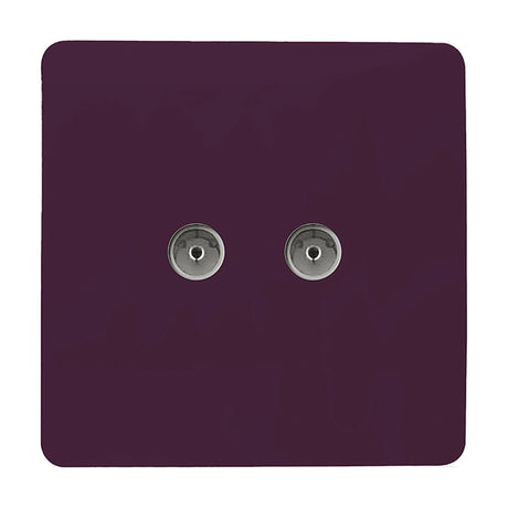 Screwless square 2 gang TV aerial outlet in plum finish, with two chrome coaxial ports side by side, shown on a white background.