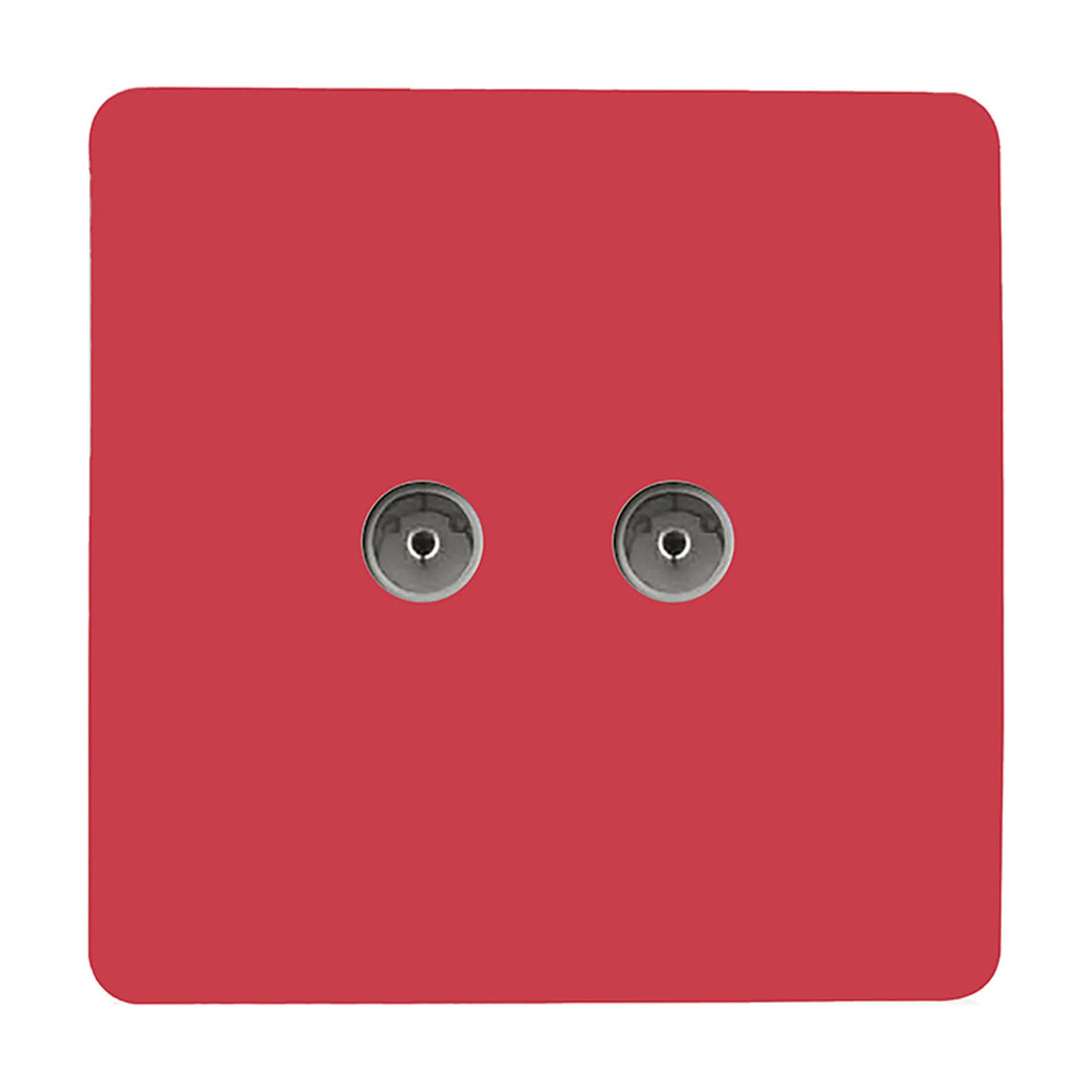 2 Gang TV Aerial Socket in Strawberry red, screwless square plate with two side-by-side coaxial connectors, smooth finish, shown on a plain white background.