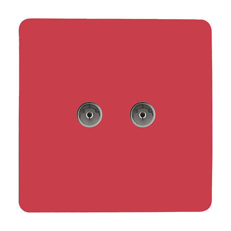 2 Gang TV Aerial Socket in Strawberry red, screwless square plate with two side-by-side coaxial connectors, smooth finish, shown on a plain white background.