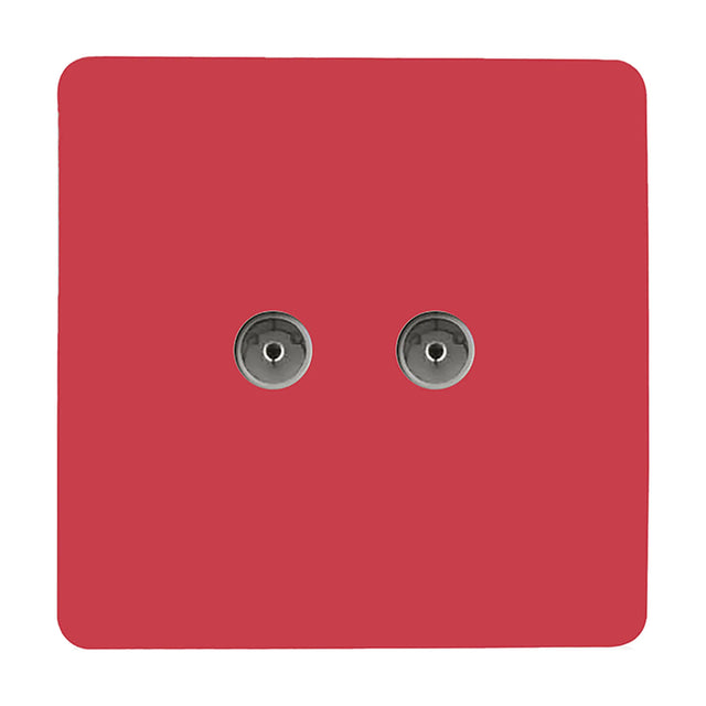 2 Gang TV Aerial Socket in Strawberry red, screwless square plate with two side-by-side coaxial connectors, smooth finish, shown on a plain white background.