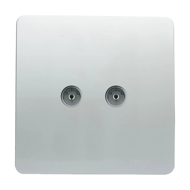 2 Gang TV Aerial Socket in platinum silver with a screwless square plate and two coaxial connections centrally placed, shown on a plain white background.