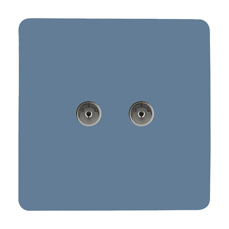 Sky blue 2 gang TV aerial outlet with two round coaxial ports, screwless square plate on a plain white background.