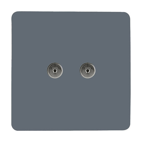 Square screwless 2 Gang TV Aerial Outlet in warm grey with two coaxial connectors, shown on a plain white background.