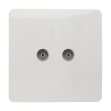 2 Gang TV Aerial Socket in ice white with a screwless square plate and two coaxial connectors, shown on a plain white background.