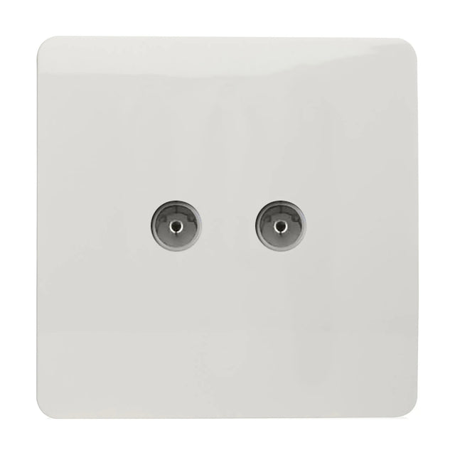 2 Gang TV Aerial Socket in ice white with a screwless square plate and two coaxial connectors, shown on a plain white background.