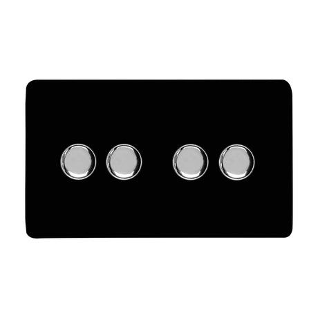 4 Gang 2 Way Dimmer Switch in Piano Black with a screwless rectangular plate and four round chrome rotary knobs, shown on a plain white background.