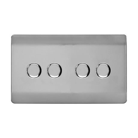 4 Gang 2 Way Dimmer Switch in brushed steel with a screwless rectangular plate and four chrome rotary knobs, shown on a plain white background.