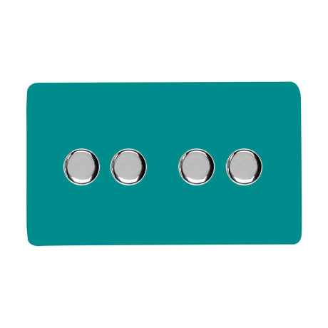 4 Gang 2 Way Dimmer Switch in bright teal with a screwless plate and four round chrome rotary knobs, shown on a plain white background.