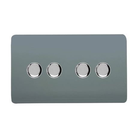 4 Gang 2 Way Dimmer Switch in cool grey with a screwless flat plate and four round chrome rotary knobs, shown on a plain white background.