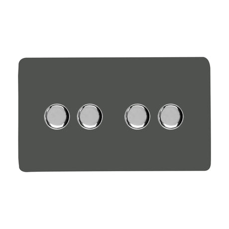 4 Gang 2 Way Dimmer Switch in charcoal with a screwless plate and four round chrome rotary knobs, shown on a plain white background.