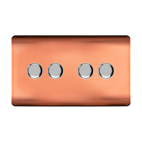 4 Gang 2 Way Dimmer Switch in copper with a screwless rectangular plate and four round chrome rotary dimmer knobs, shown on a plain white background.