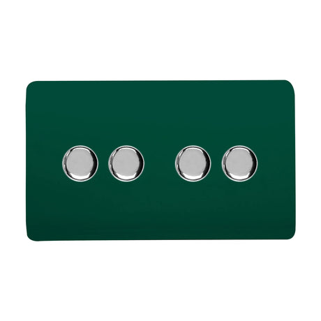 4 Gang 2 Way Dimmer Switch in dark green with four round chrome rotary knobs on a screwless flat plate, shown on a plain white background.