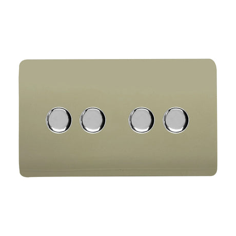 4 Gang 2 Way Dimmer Switch in champagne gold, screwless rectangular plate with four round chrome control knobs, shown on a plain white background.