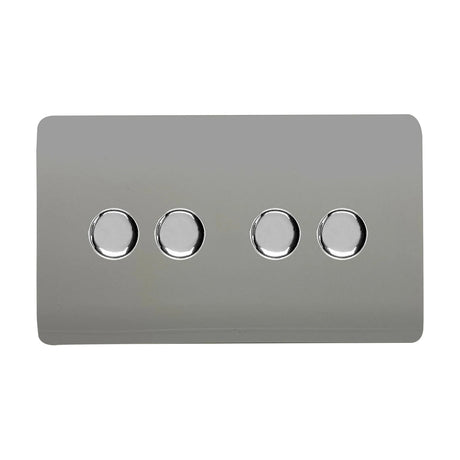 4 Gang 2 Way Dimmer Switch in light grey with a screwless plate and four round chrome rotary knobs, shown on a plain white background.