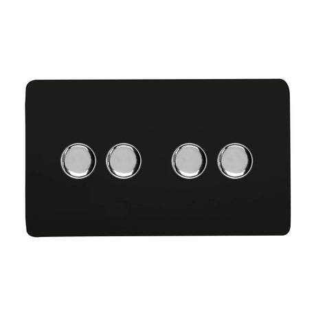 4 Gang 2 Way Dimmer Switch in matt black, screwless plate with four chrome rotary knobs, shown on a plain white background.