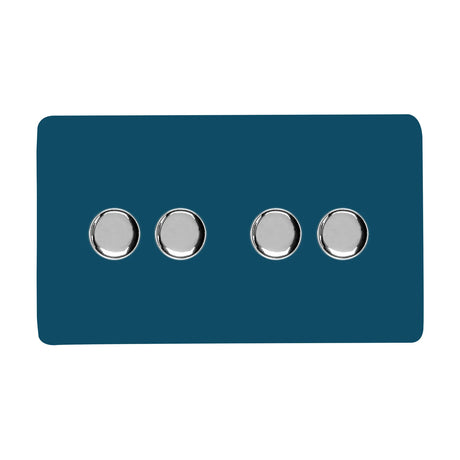 4 Gang 2 Way Dimmer Switch in Midnight Blue with a screwless flat plate and four round chrome rotary knobs, shown on a plain white background.