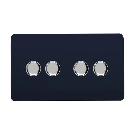 4 Gang 2 Way Dimmer Switch in navy blue with a screwless flat plate and four round chrome rotary knobs, shown on a plain white background.
