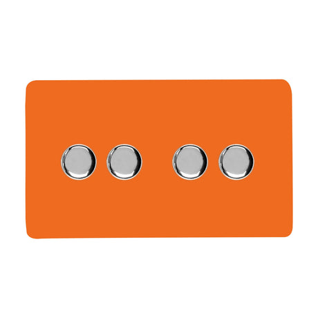 4 Gang 2 Way Dimmer Switch in orange with a flat screwless plate and four chrome rotary knobs, shown on a plain white background.