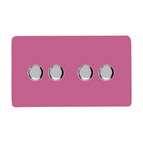 4 Gang 2 Way Dimmer Switch in pink, screwless plate with four round chrome rotary knobs, shown on a plain white background.